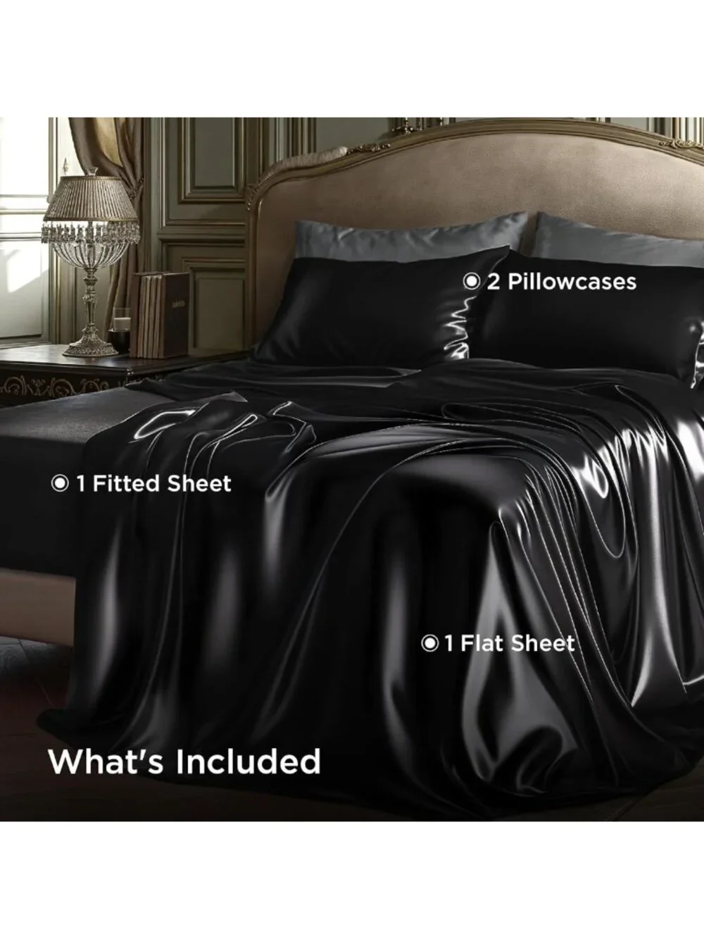 Luxurious Black Satin King Size Sheets - 4 Piece Set with Deep Pocket
